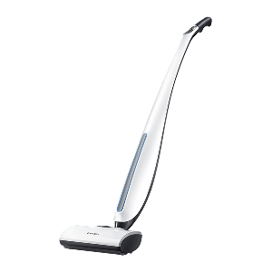 White cordless stick vacuum with a slim curved handle and wide flat cleaning head standing upright on a white background