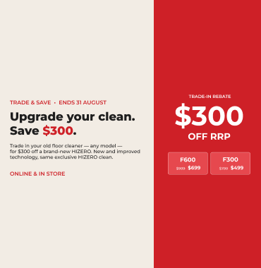 Two-tone ad banner (left beige, right red) promoting a trade-in rebate: 'Upgrade your clean. Save $300' with end date 'Ends 31 August' and small price cards on the red side.