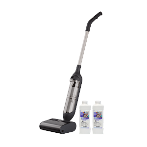 Cordless handheld vacuum with charging dock and two bottles of cleaning solution.