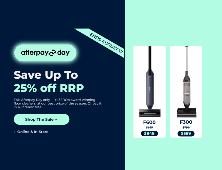 Promo banner for Afterpay Day: Save up to 25% off RRP with light mint accents and a dark blue left panel, two product cards on the right.
