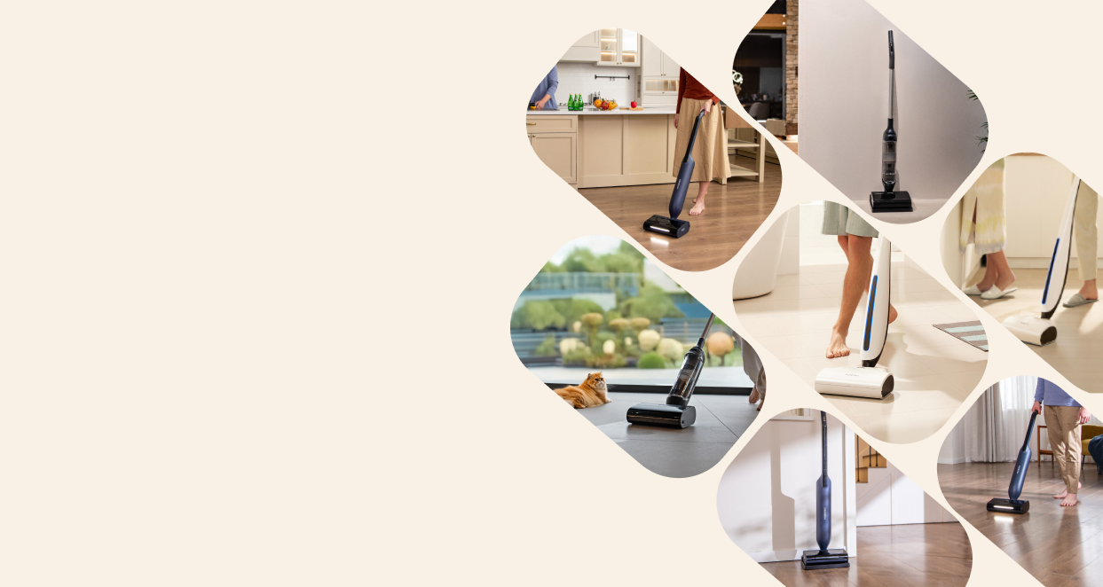 Collage of cordless stick vacuums in different rooms showing home cleaning.