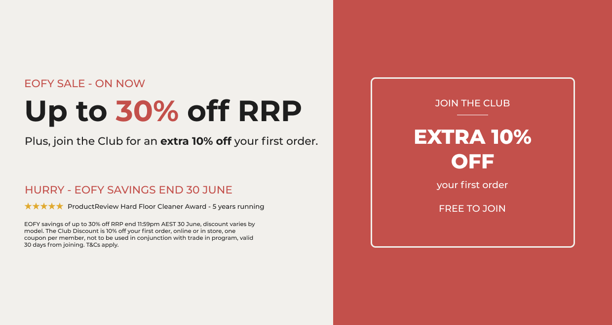 Split-page sale banner: left beige panel with 'Up to 30% off RRP' and 'extra 10% off your first order' offer; right red panel features a white-outlined box prompting 'JOIN THE CLUB' and 'EXTRA 10% OFF your first order'.