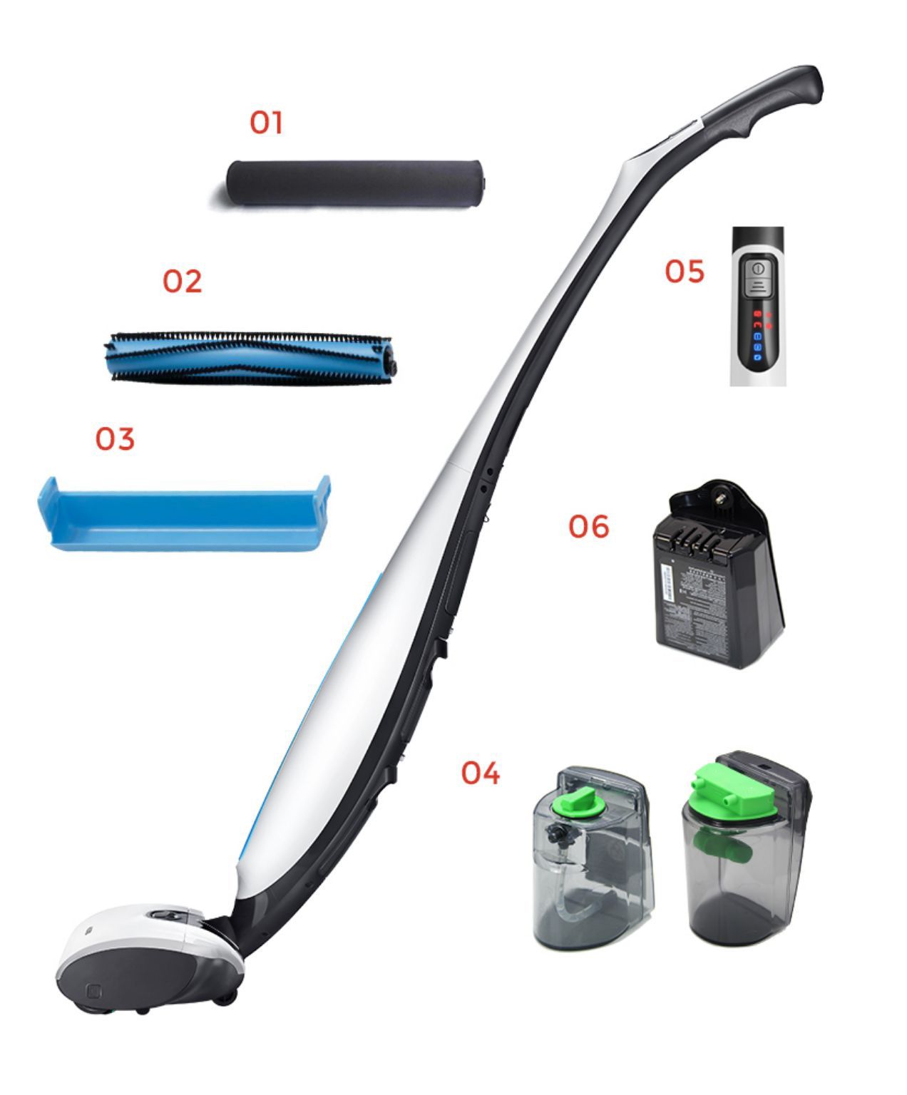 Cordless stick vacuum with numbered accessories: 01 cylindrical foam cover, 02 blue rotating brush, 03 blue dust tray, 04 two-part cleaning heads, 05 handheld control panel, 06 battery charger and extra batteries.